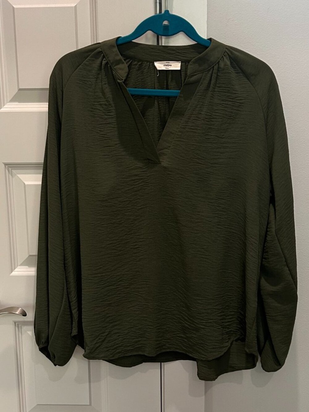 Entro Army Green Long Sleeve V-neck Air Flow Blouse